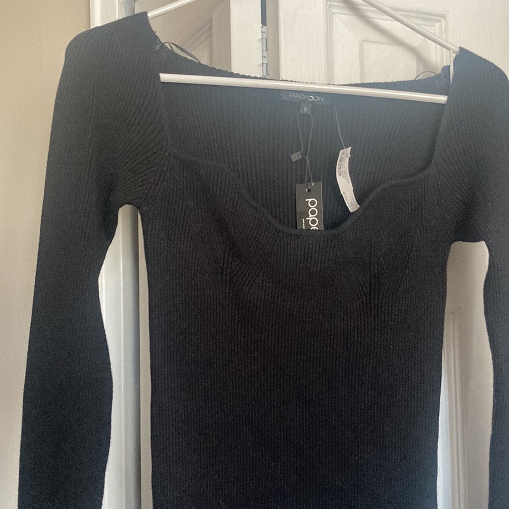 PaperMoon. Size Small. Black long sleeve sweater dress sweetheart neckline NWT